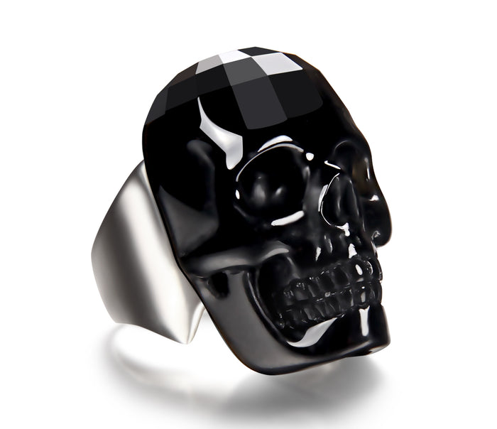 Visage - Skullis Signature Faceted Black Obsidian Carved Gemstone Crystal Skull with Sterling Silver Ring1