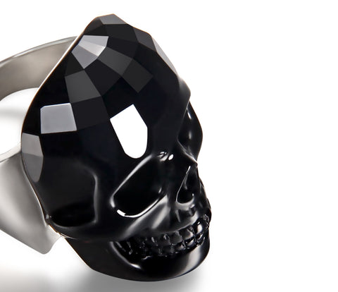 Visage - Skullis Signature Faceted Black Obsidian Carved Gemstone Crystal Skull with Sterling Silver Ring