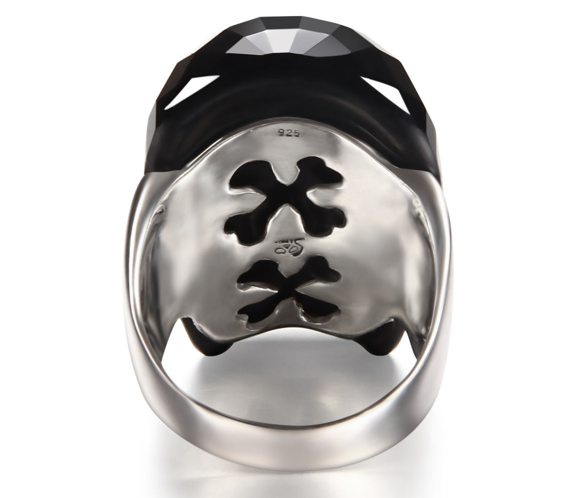Visage - Skullis Signature Faceted Black Obsidian Carved Gemstone Crystal Skull with Sterling Silver Ring