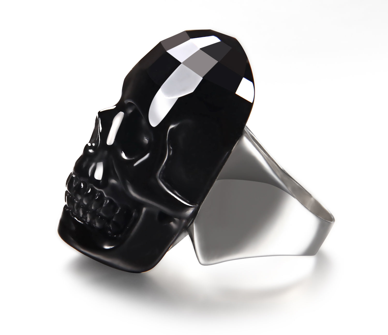 Visage - Skullis Signature Faceted Black Obsidian Carved Gemstone Crystal Skull with Sterling Silver Ring