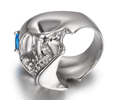 Third Eye - Sky Blue Topaz in Rhodium Plated Sterling Silver Skull Ring