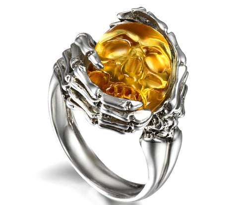 Remember Forever - Ring of Citrine Carved Gemstone Crystal Skull in Sterling Silver Skeletal Hands