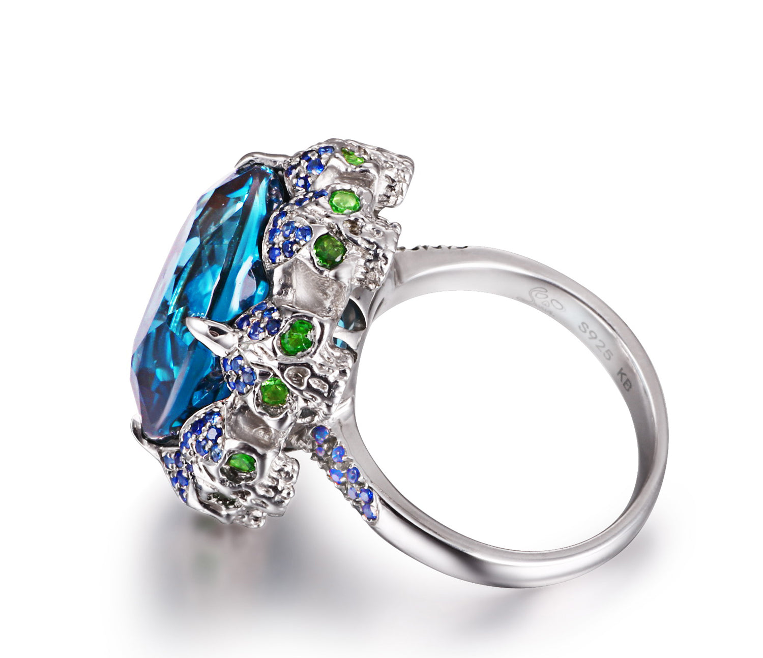 London Blue Topaz with Sapphire and Tsavorite in Sterling Silver Skulls Ring - Skullis Exclusive
