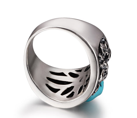 Turquoise Carved Skull with Ruby in Sterling Silver Skulls Ring - Skullis Exclusive