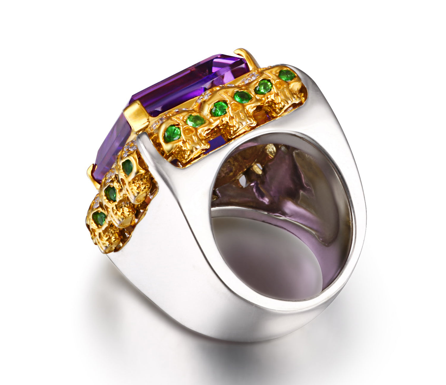Amethyst with Diamond and Tsavorite Gold Plated Sterling Silver Skulls Ring - Skullis Exclusive