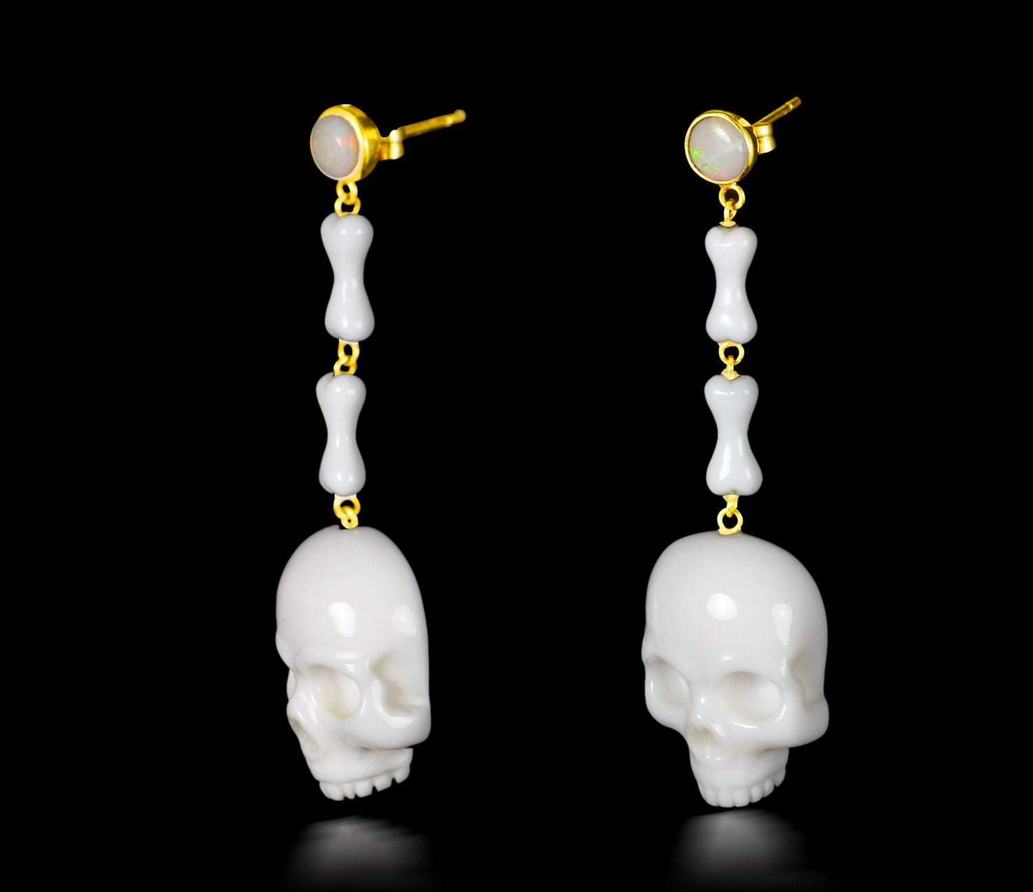 White Chalcedony Carved Crystal Skull Drop Earrings with Gold
