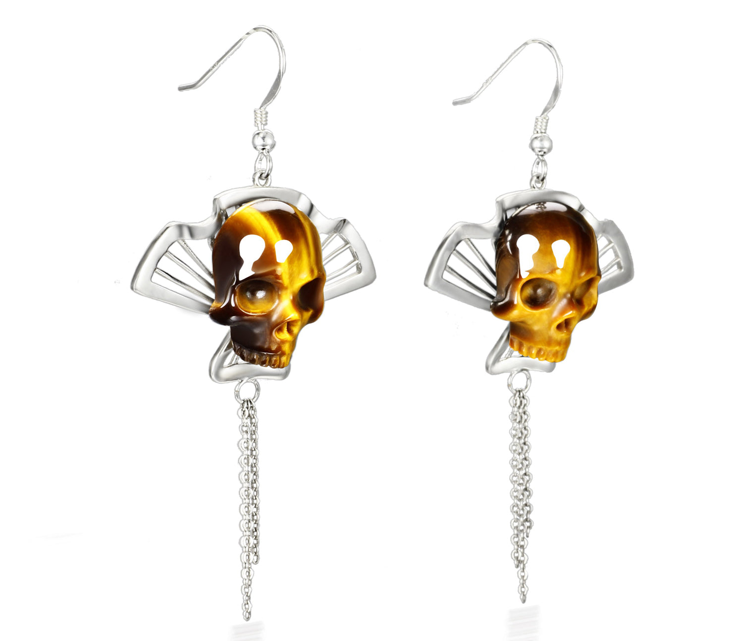 Gemstone Gold Tiger Eye Carved Crystal Skull Earrings with Sterling Silver