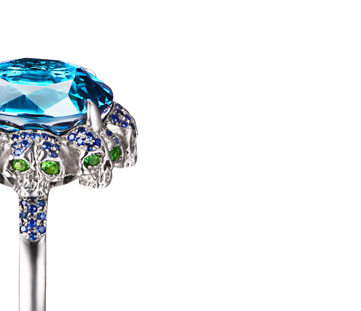 London Blue Topaz with Sapphire and Tsavorite in Sterling Silver Skulls Ring - Skullis Exclusive