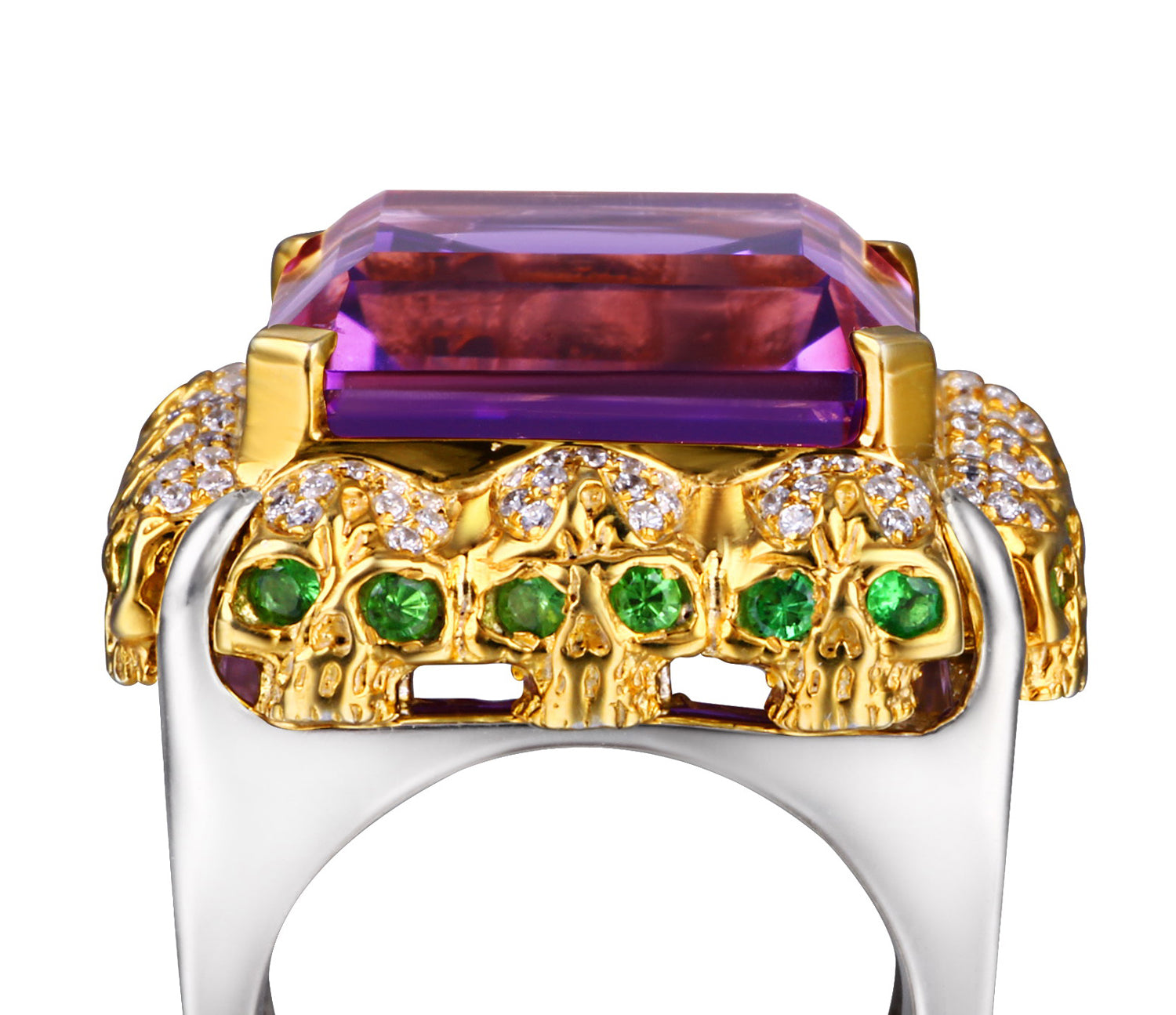 Amethyst with Diamond and Tsavorite Gold Plated Sterling Silver Skulls Ring - Skullis Exclusive