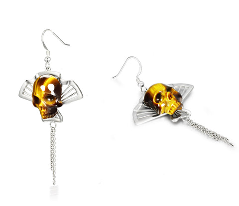 Gemstone Gold Tiger Eye Carved Crystal Skull Earrings with Sterling Silver