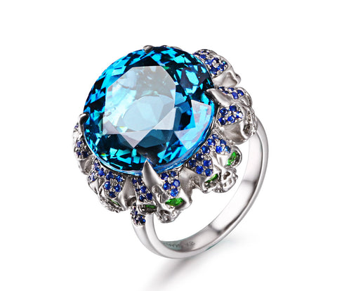  London Blue Topaz with Sapphire and Tsavorite in Sterling Silver Skulls Ring - Skullis Exclusive1