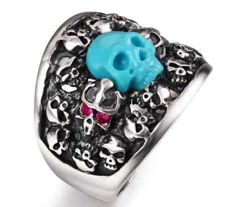 Turquoise Carved Skull with Ruby in Sterling Silver Skulls Ring - Skullis Exclusive