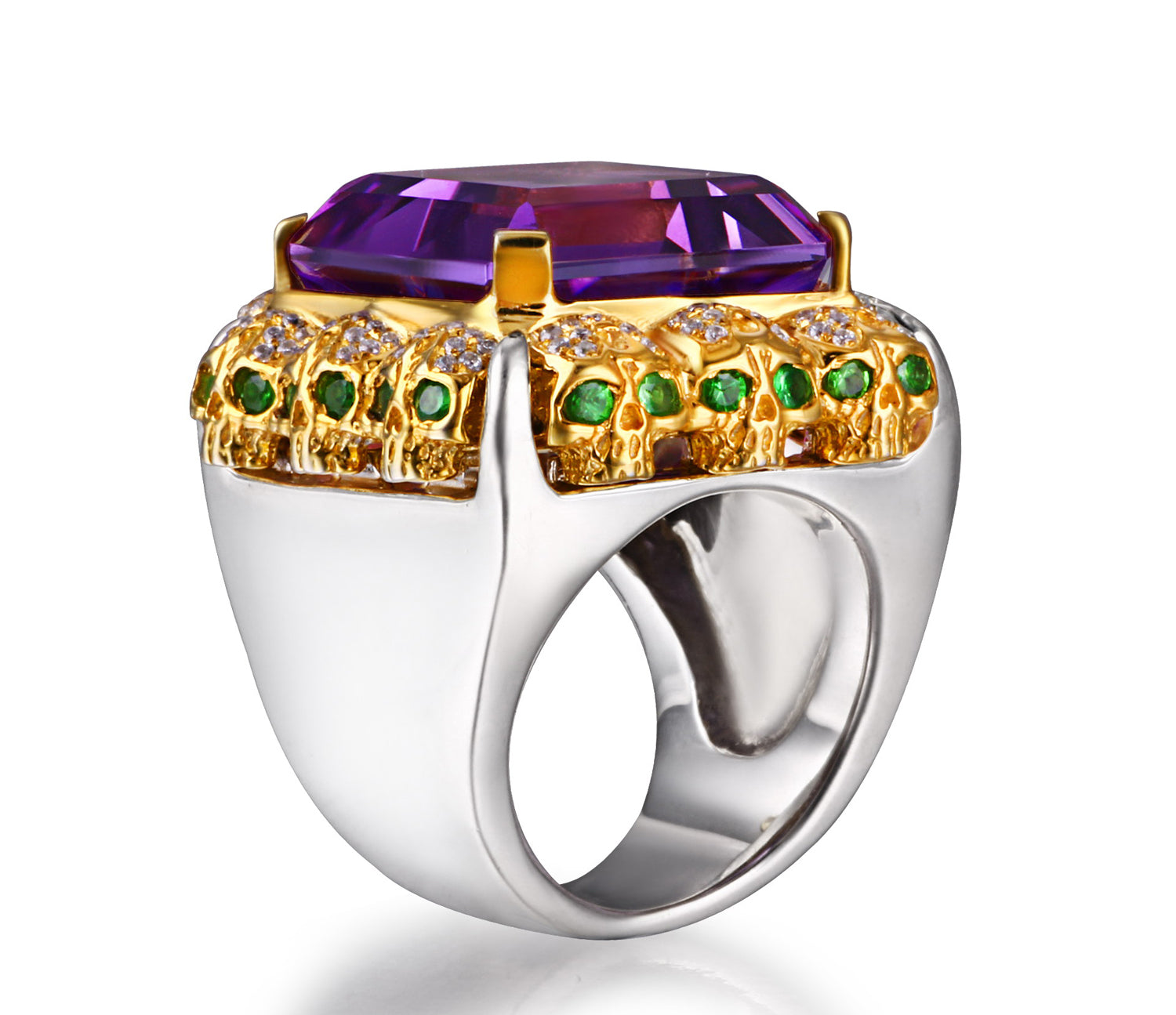 Amethyst with Diamond and Tsavorite Gold Plated Sterling Silver Skulls Ring - Skullis Exclusive