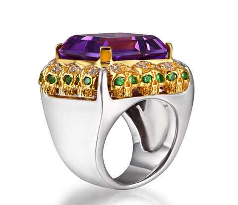 Amethyst with Diamond and Tsavorite Gold Plated Sterling Silver Skulls Ring - Skullis Exclusive