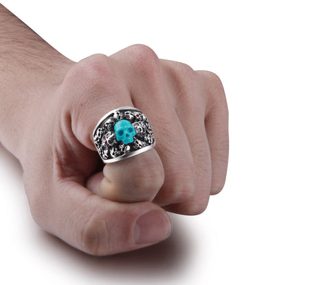Turquoise Carved Skull with Ruby in Sterling Silver Skulls Ring - Skullis Exclusive