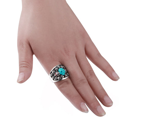 Turquoise Carved Skull with Ruby in Sterling Silver Skulls Ring - Skullis Exclusive