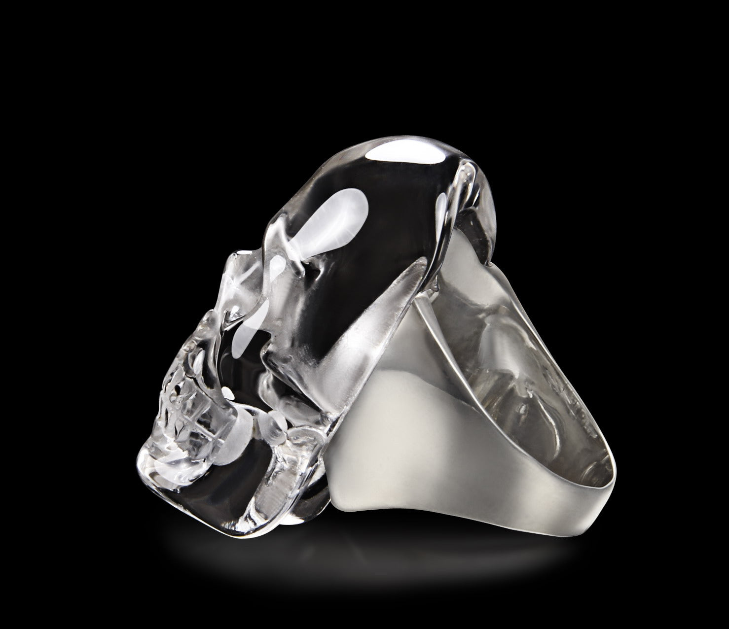 Visage - Skullis Signature Quartz Rock Crystal Carved Gemstone Crystal Skull with Sterling Silver Ring