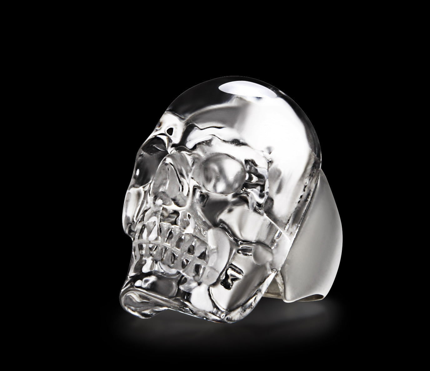 Visage - Skullis Signature Quartz Rock Crystal Carved Gemstone Crystal Skull with Sterling Silver Ring