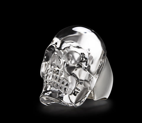 Visage - Skullis Signature Quartz Rock Crystal Carved Gemstone Crystal Skull with Sterling Silver Ring