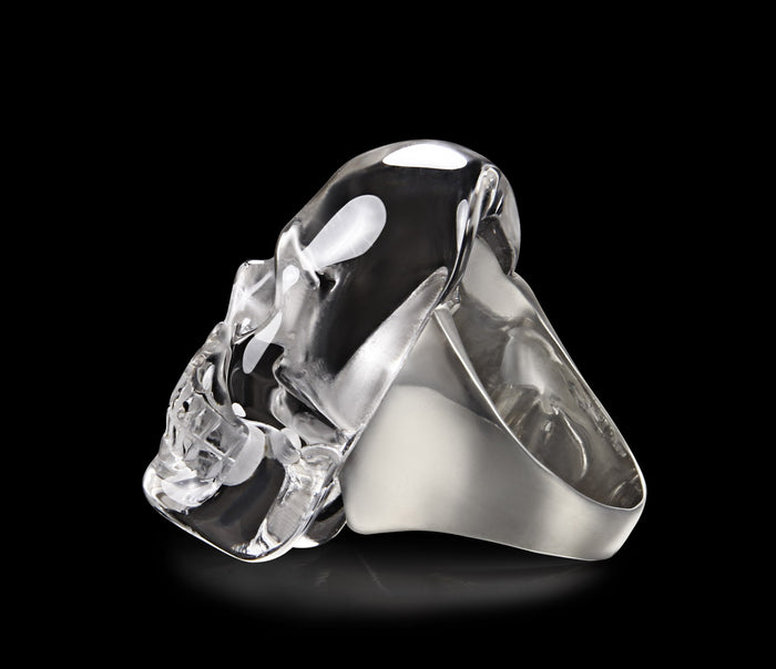 Visage - Skullis Signature Quartz Rock Crystal Carved Gemstone Crystal Skull with Sterling Silver Ring