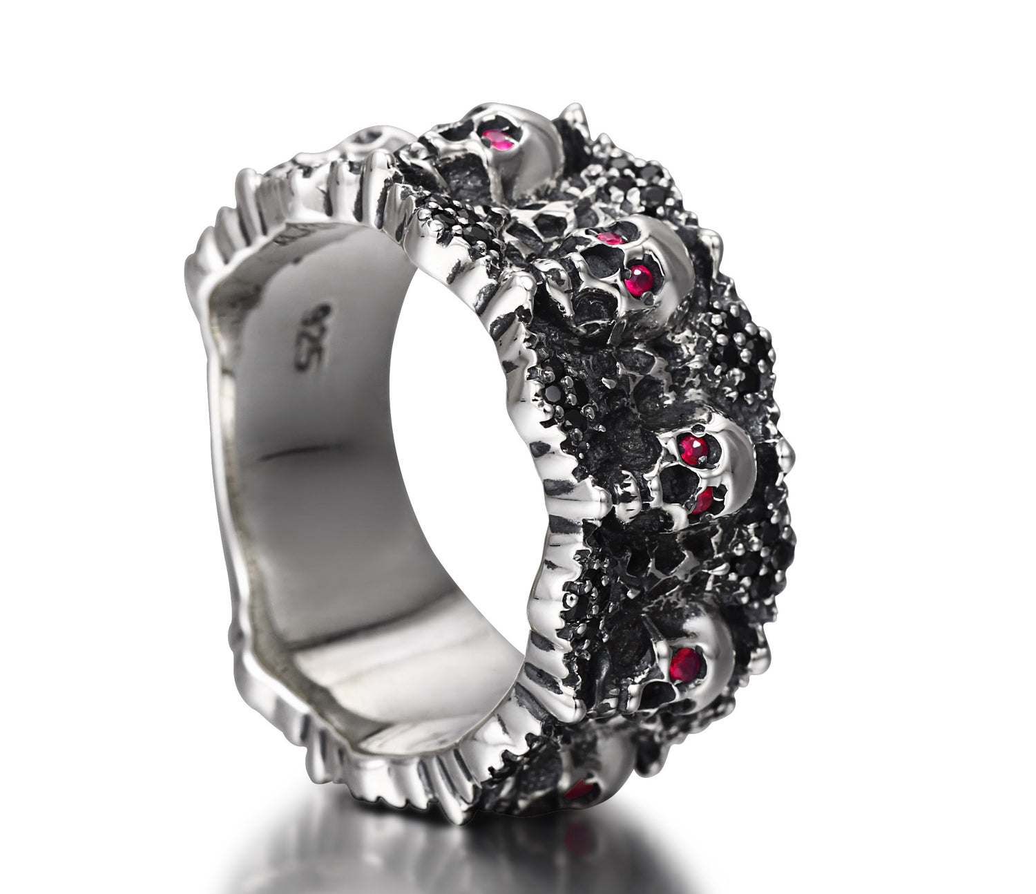 Eyes of Five Elements - Sterling Silver Carved Skulls Ring with Ruby Eyes