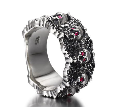 Eyes of Five Elements - Sterling Silver Carved Skulls Ring with Ruby Eyes