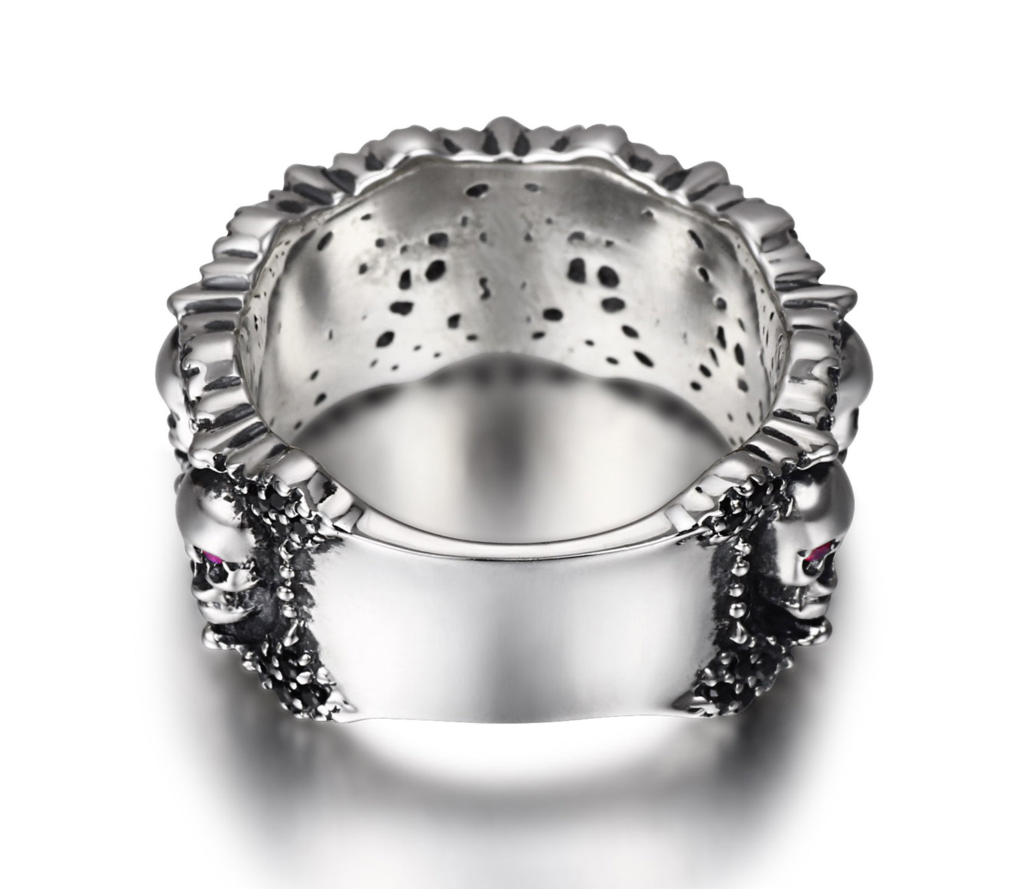 Eyes of Five Elements - Sterling Silver Carved Skulls Ring with Ruby Eyes