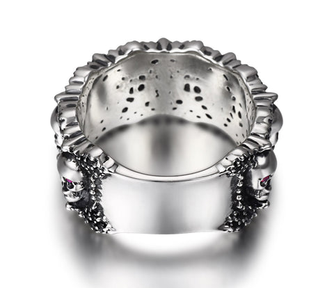 Eyes of Five Elements - Sterling Silver Carved Skulls Ring with Ruby Eyes