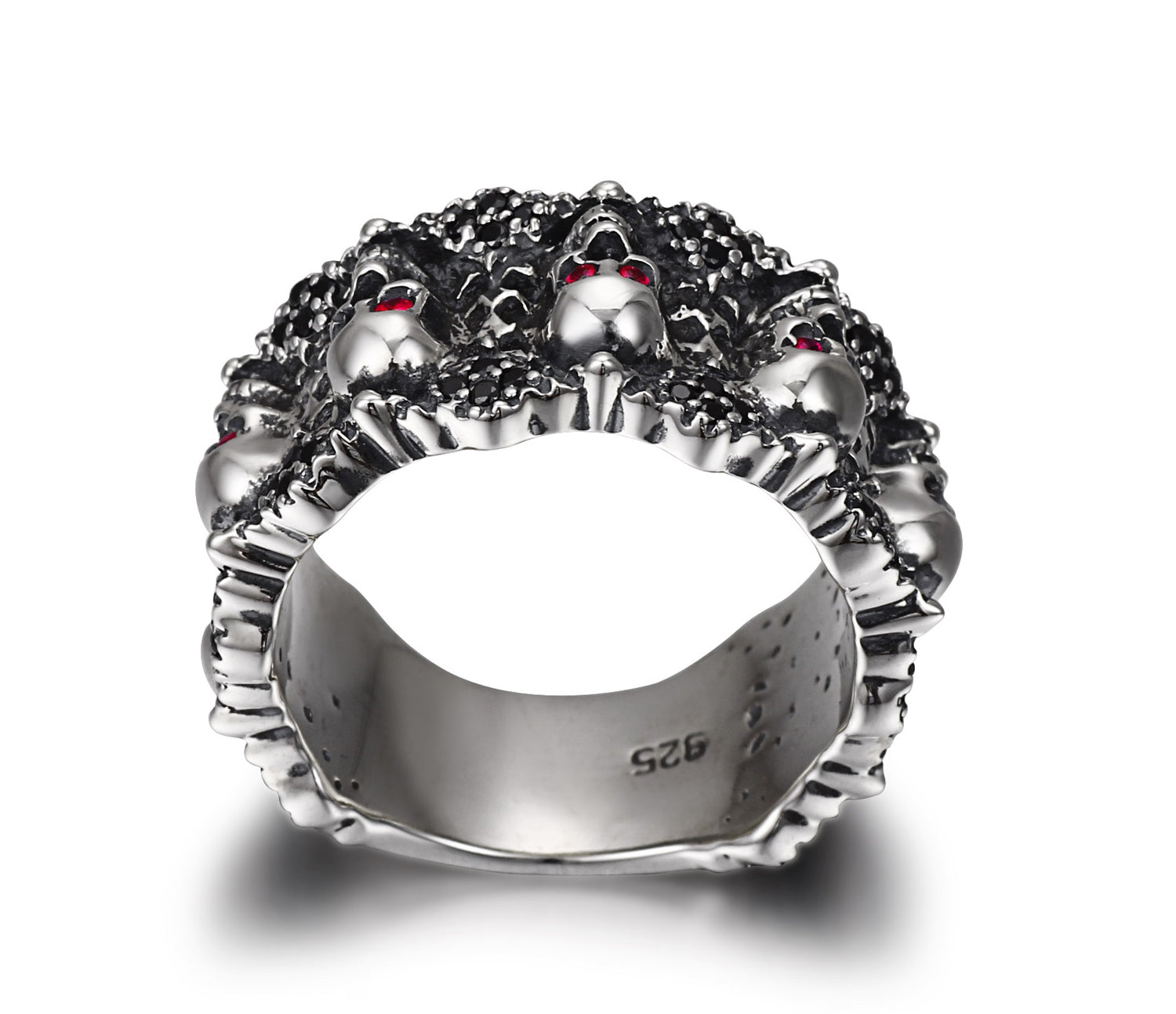 Eyes of Five Elements - Sterling Silver Carved Skulls Ring with Ruby Eyes