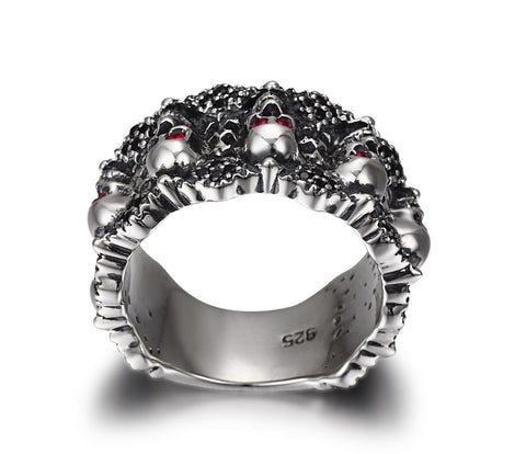 Eyes of Five Elements - Sterling Silver Carved Skulls Ring with Ruby Eyes