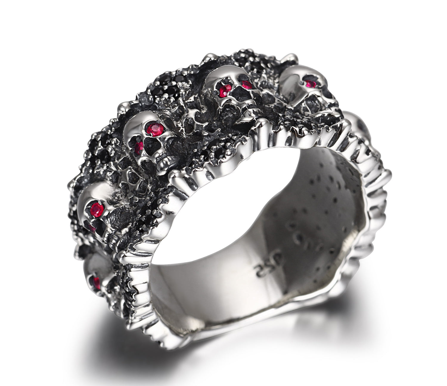 Eyes of Five Elements - Sterling Silver Carved Skulls Ring with Ruby Eyes1
