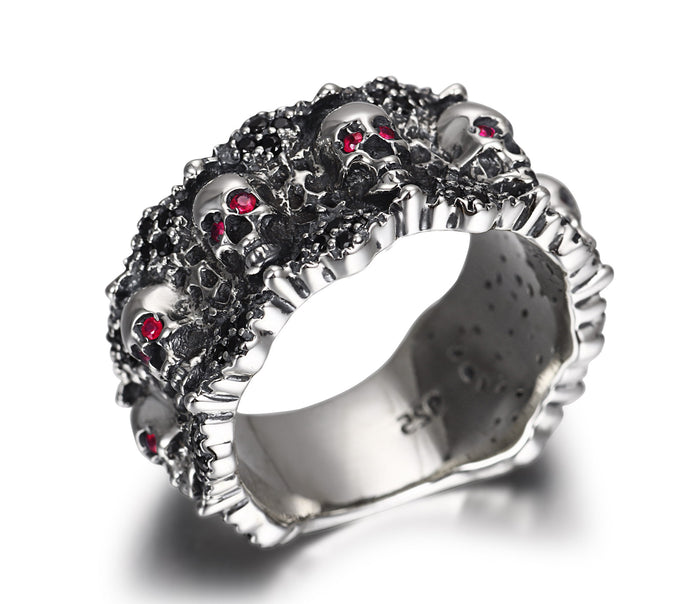 Eyes of Five Elements - Sterling Silver Carved Skulls Ring with Ruby Eyes1