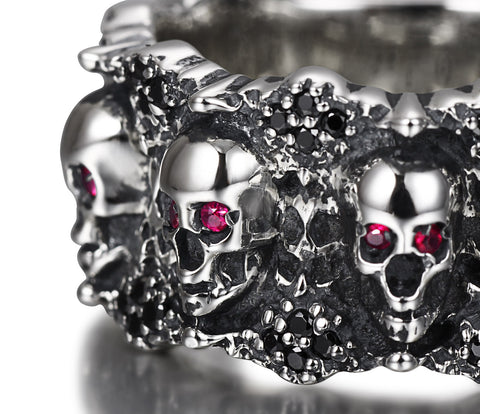 Eyes of Five Elements - Sterling Silver Carved Skulls Ring with Ruby Eyes