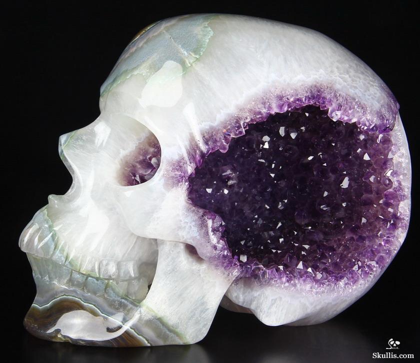Awesome Lifesized 7.8" Amethyst Geode Agate Carved Crystal Skull, Super Realistic