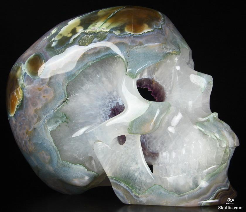 Awesome Lifesized 7.8" Amethyst Geode Agate Carved Crystal Skull, Super Realistic
