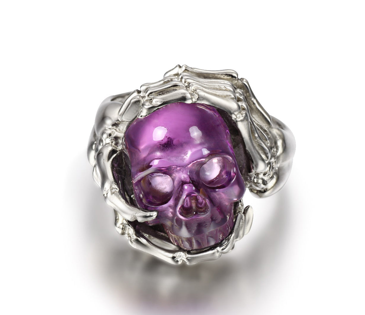 Remember Forever - Ring of Amethyst Carved Gemstone Crystal Skull in Sterling Silver Skeletal Hands1