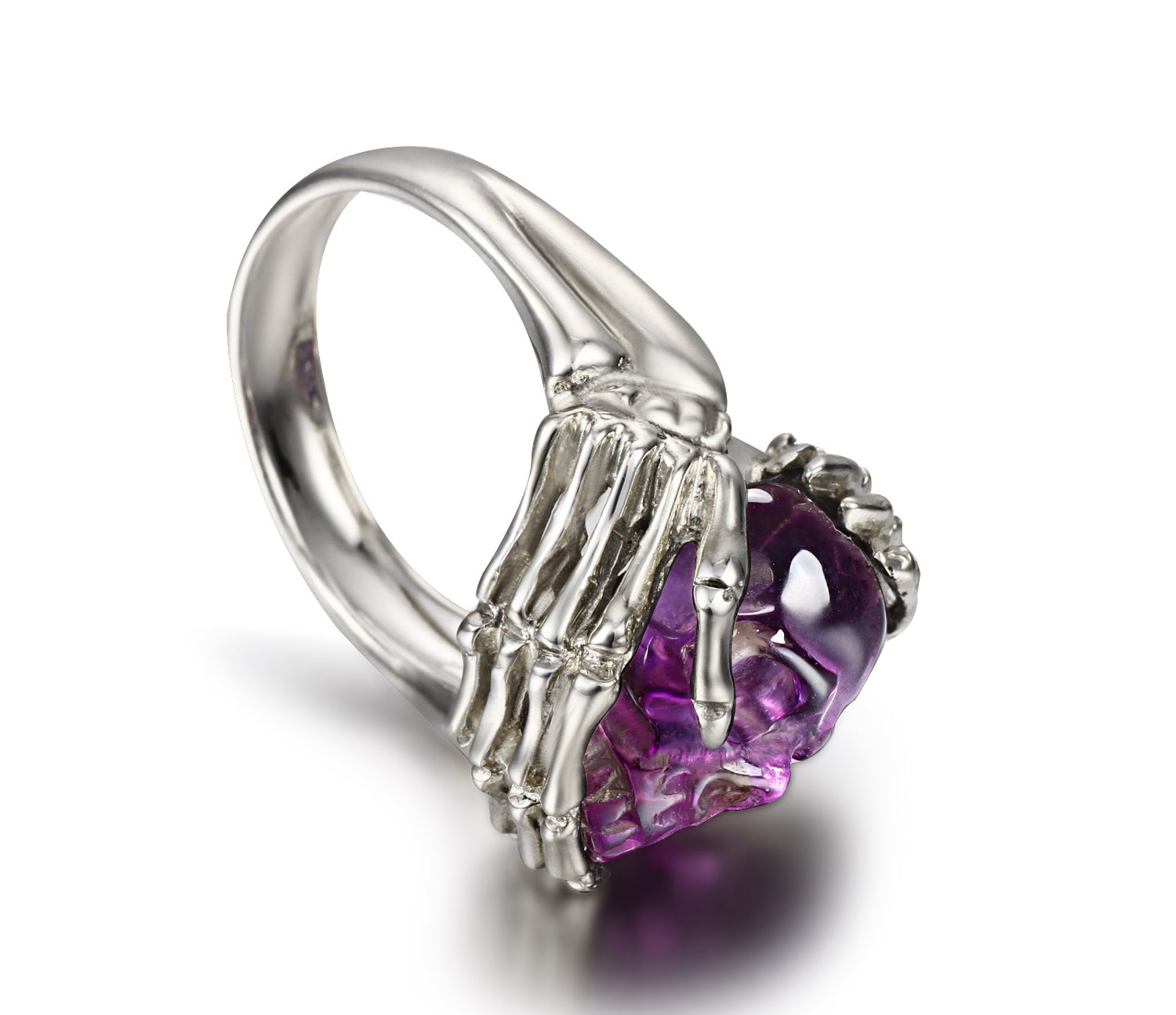 Remember Forever - Ring of Amethyst Carved Gemstone Crystal Skull in Sterling Silver Skeletal Hands