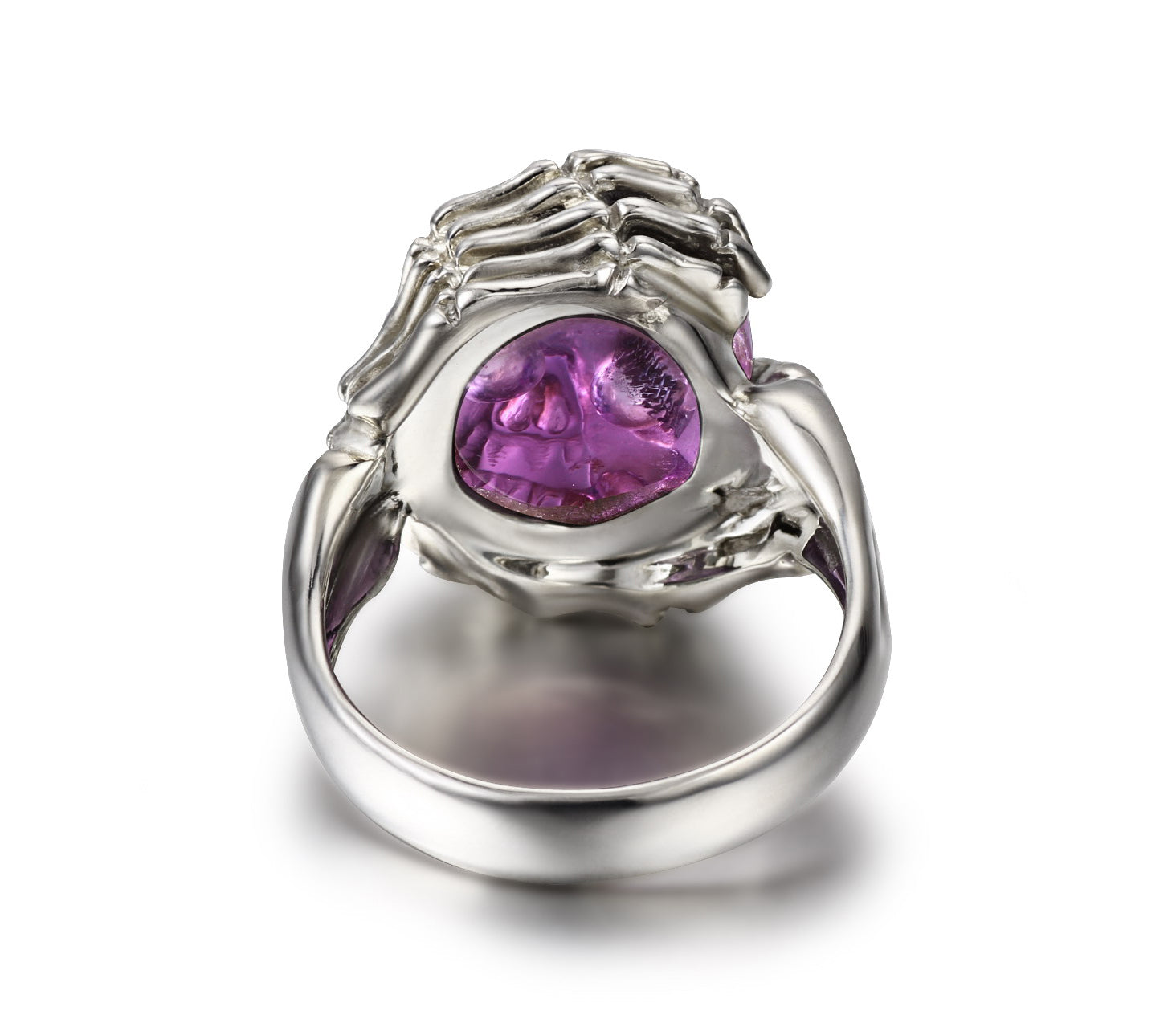 Remember Forever - Ring of Amethyst Carved Gemstone Crystal Skull in Sterling Silver Skeletal Hands