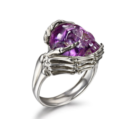 Remember Forever - Ring of Amethyst Carved Gemstone Crystal Skull in Sterling Silver Skeletal Hands