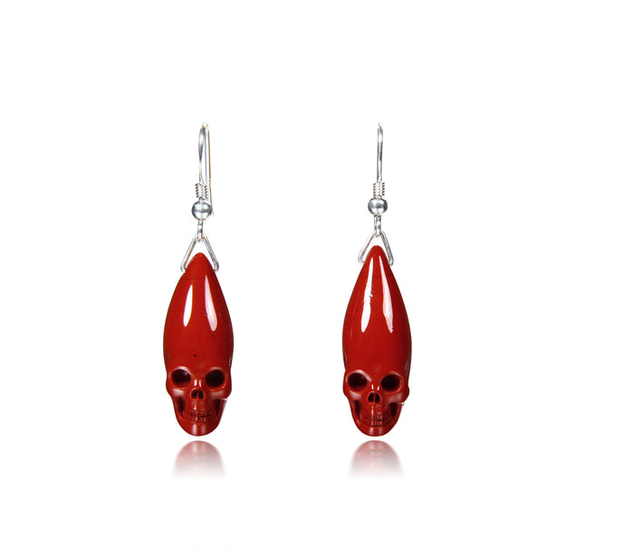 Red Jasper Carved Elongated Skull Earrings with Sterling Silver Hooks
