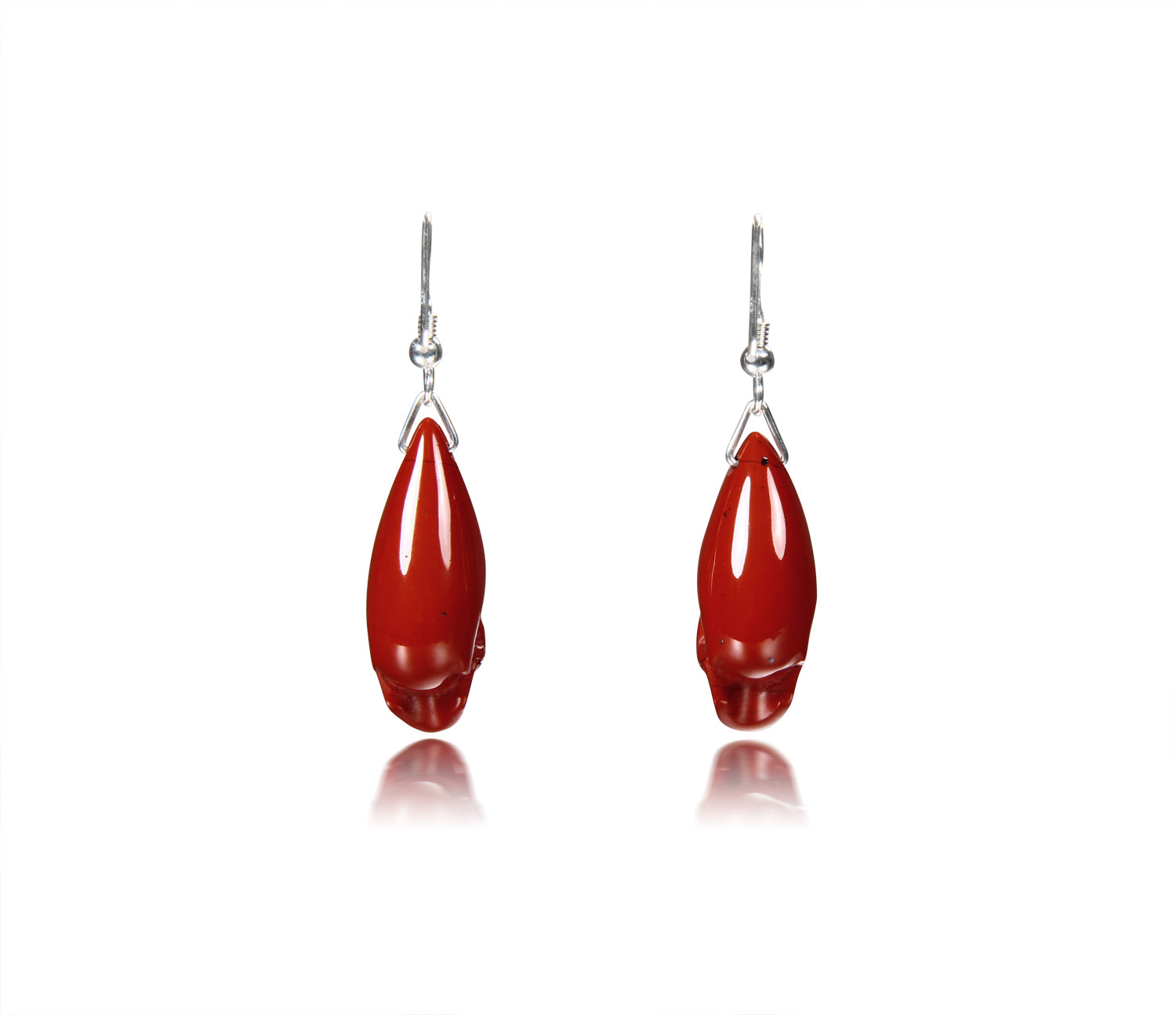 Red Jasper Carved Elongated Skull Earrings with Sterling Silver Hooks