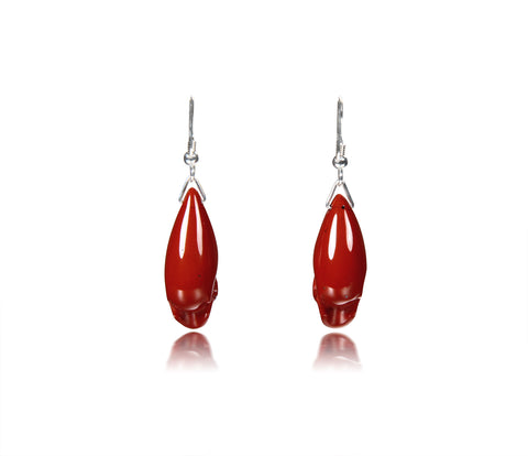Red Jasper Carved Elongated Skull Earrings with Sterling Silver Hooks