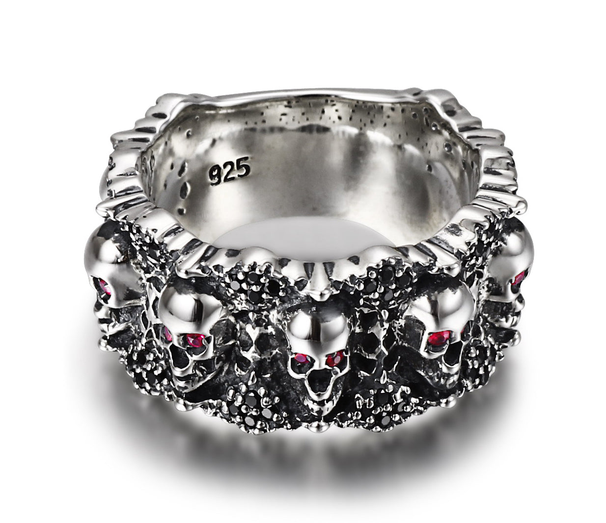 Eyes of Five Elements - Sterling Silver Carved Skulls Ring with Ruby Eyes