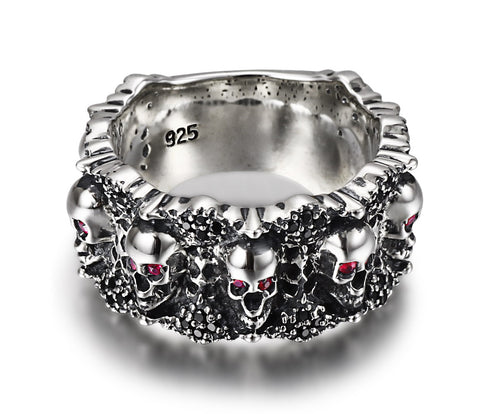 Eyes of Five Elements - Sterling Silver Carved Skulls Ring with Ruby Eyes
