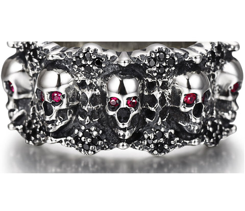 Eyes of Five Elements - Sterling Silver Carved Skulls Ring with Ruby Eyes