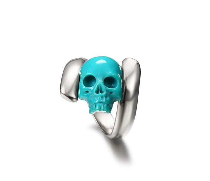 Spiral - Turquoise Carved Gemstone Crystal Skull with Sterling Silver Twist Ring