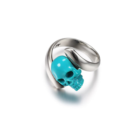 Spiral - Turquoise Carved Gemstone Crystal Skull with Sterling Silver Twist Ring