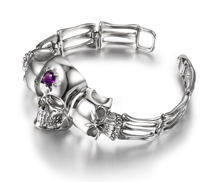 Gemstone Amethyst in Rhodium Plated Sterling Silver Skull Bracelet