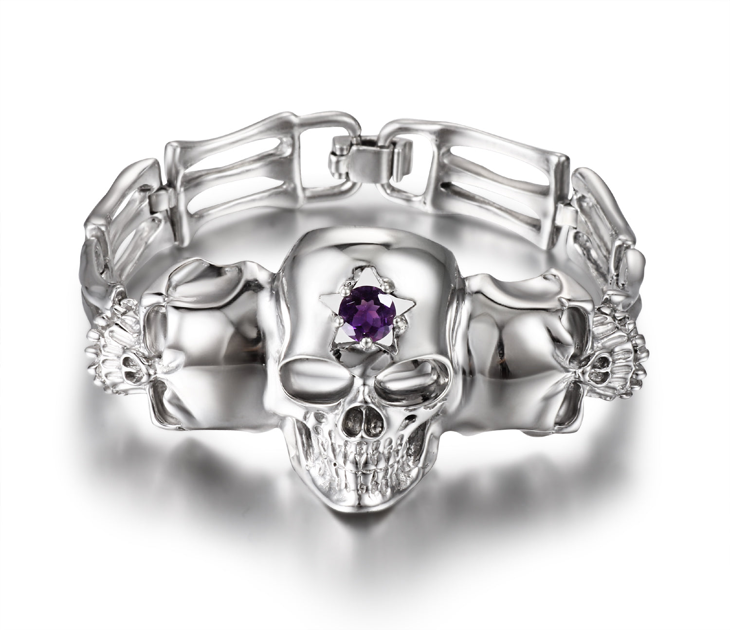 Gemstone Amethyst in Rhodium Plated Sterling Silver Skull Bracelet1