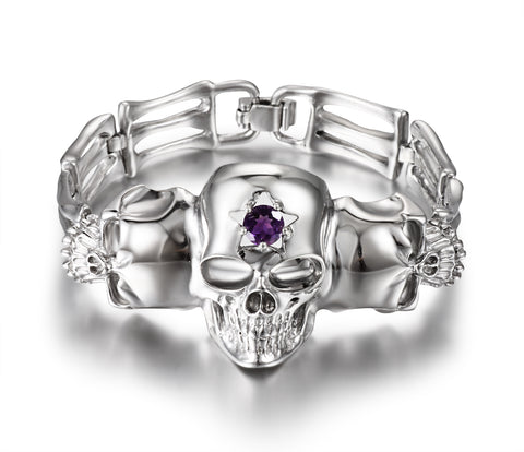 Gemstone Amethyst in Rhodium Plated Sterling Silver Skull Bracelet1